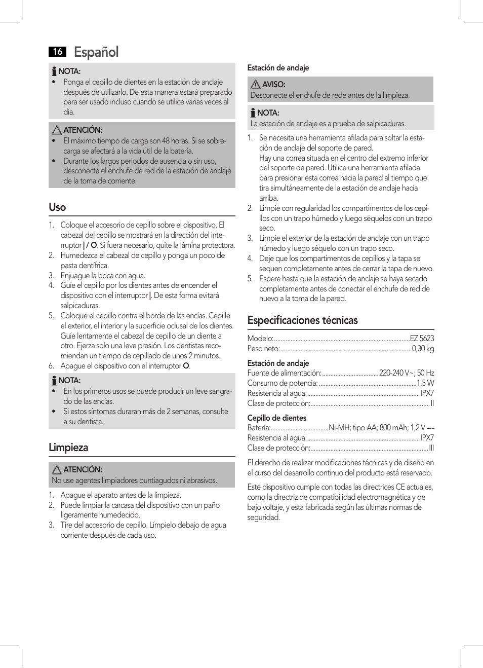 Español, Limpieza, Especificaciones técnicas | AEG EZ 5623 User Manual | Page 16 / 44