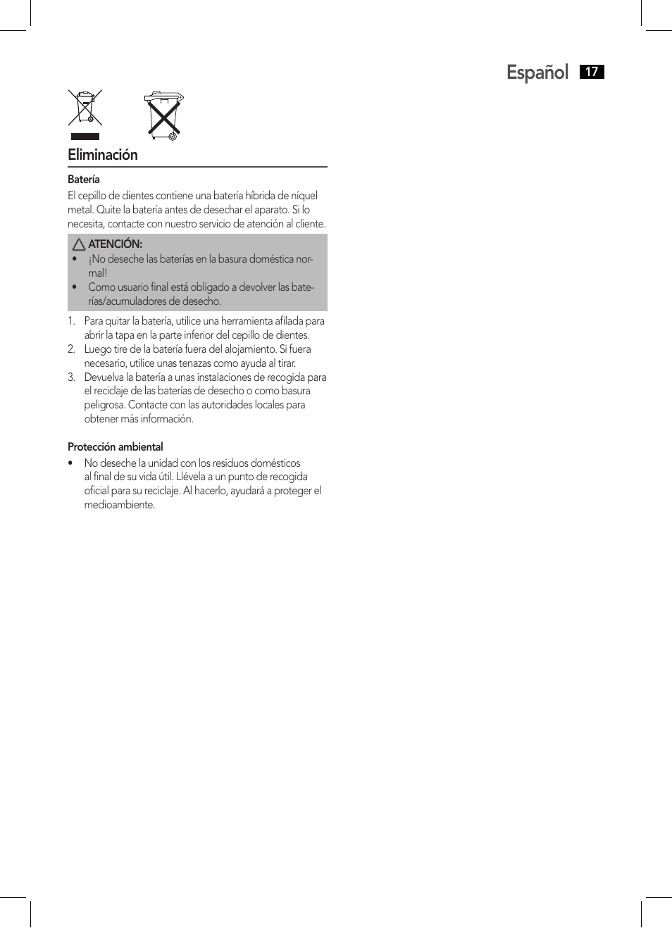 Español, Eliminación | AEG EZ 5623 User Manual | Page 17 / 44
