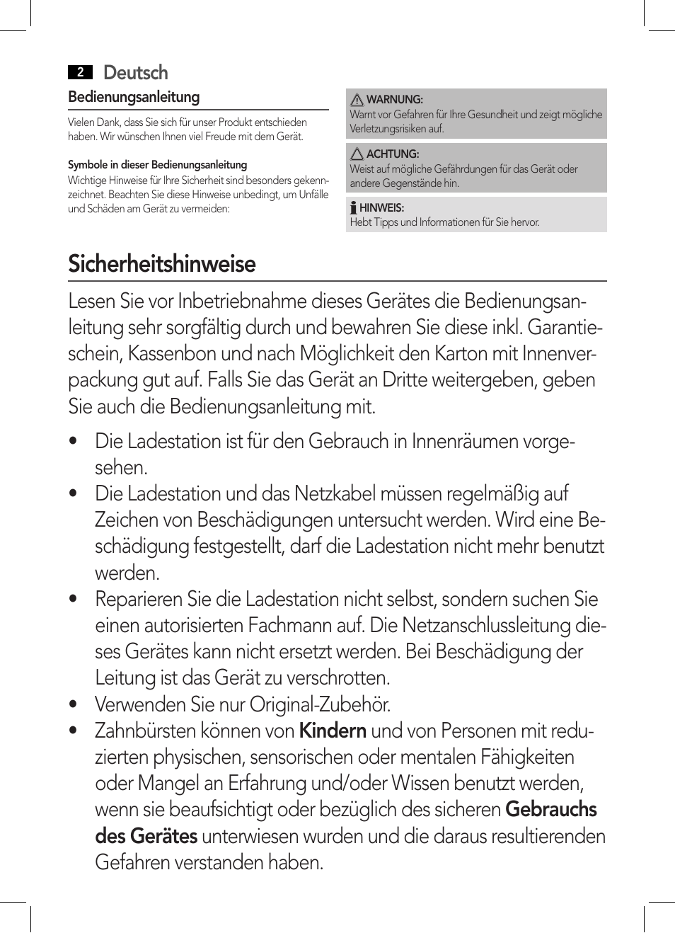 Sicherheitshinweise, Deutsch | AEG EZ 5623 User Manual | Page 2 / 44