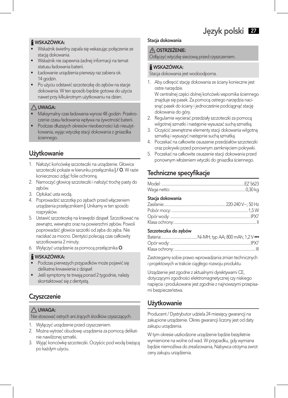 Język polski, Użytkowanie, Czyszczenie | Techniczne specyfikacje | AEG EZ 5623 User Manual | Page 27 / 44