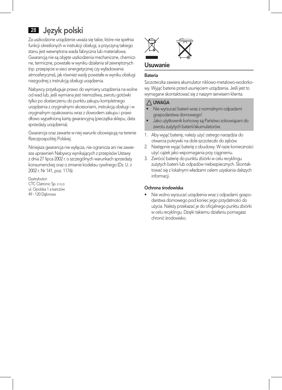 Język polski, Usuwanie | AEG EZ 5623 User Manual | Page 28 / 44