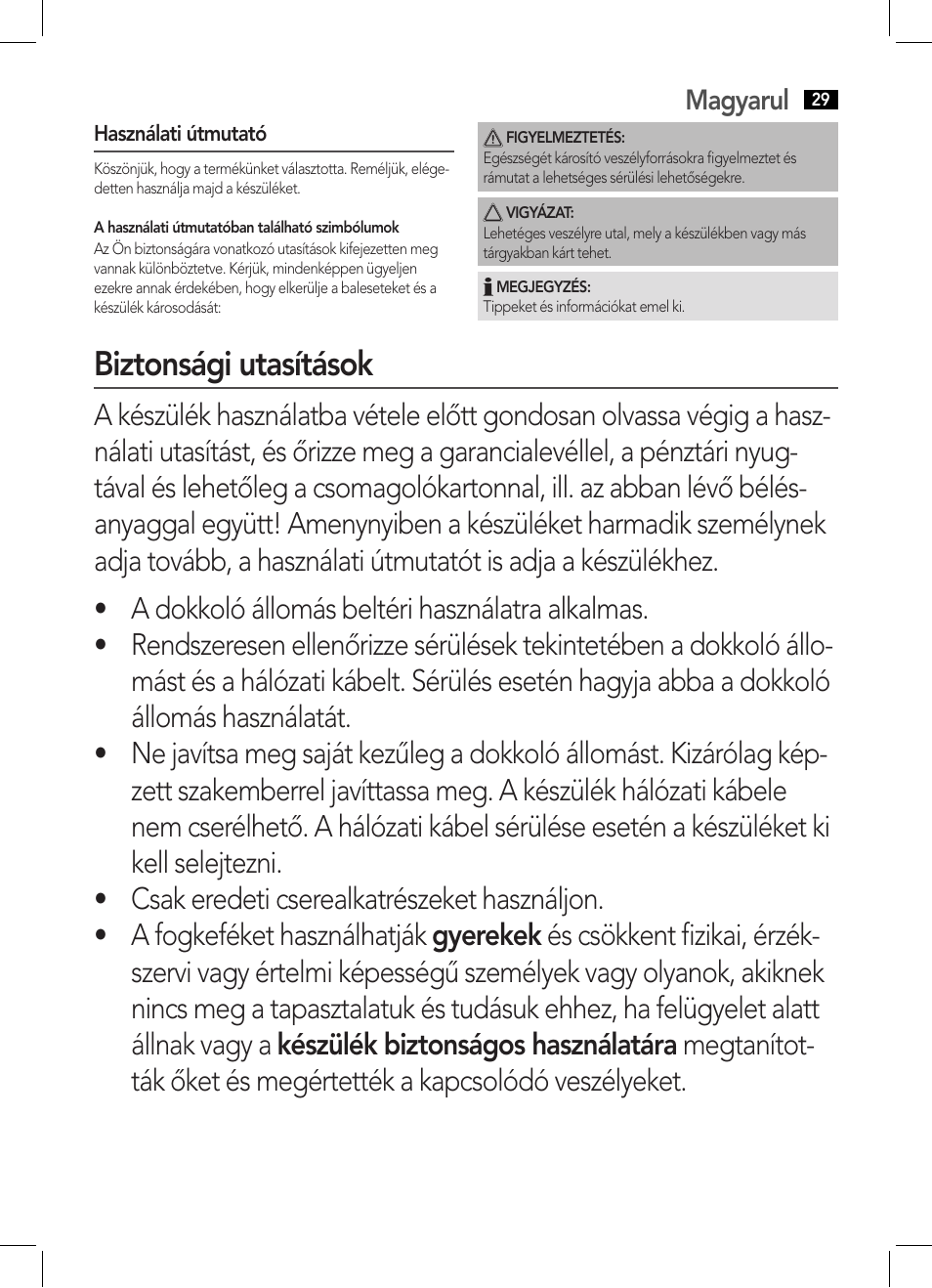 Biztonsági utasítások, Magyarul | AEG EZ 5623 User Manual | Page 29 / 44
