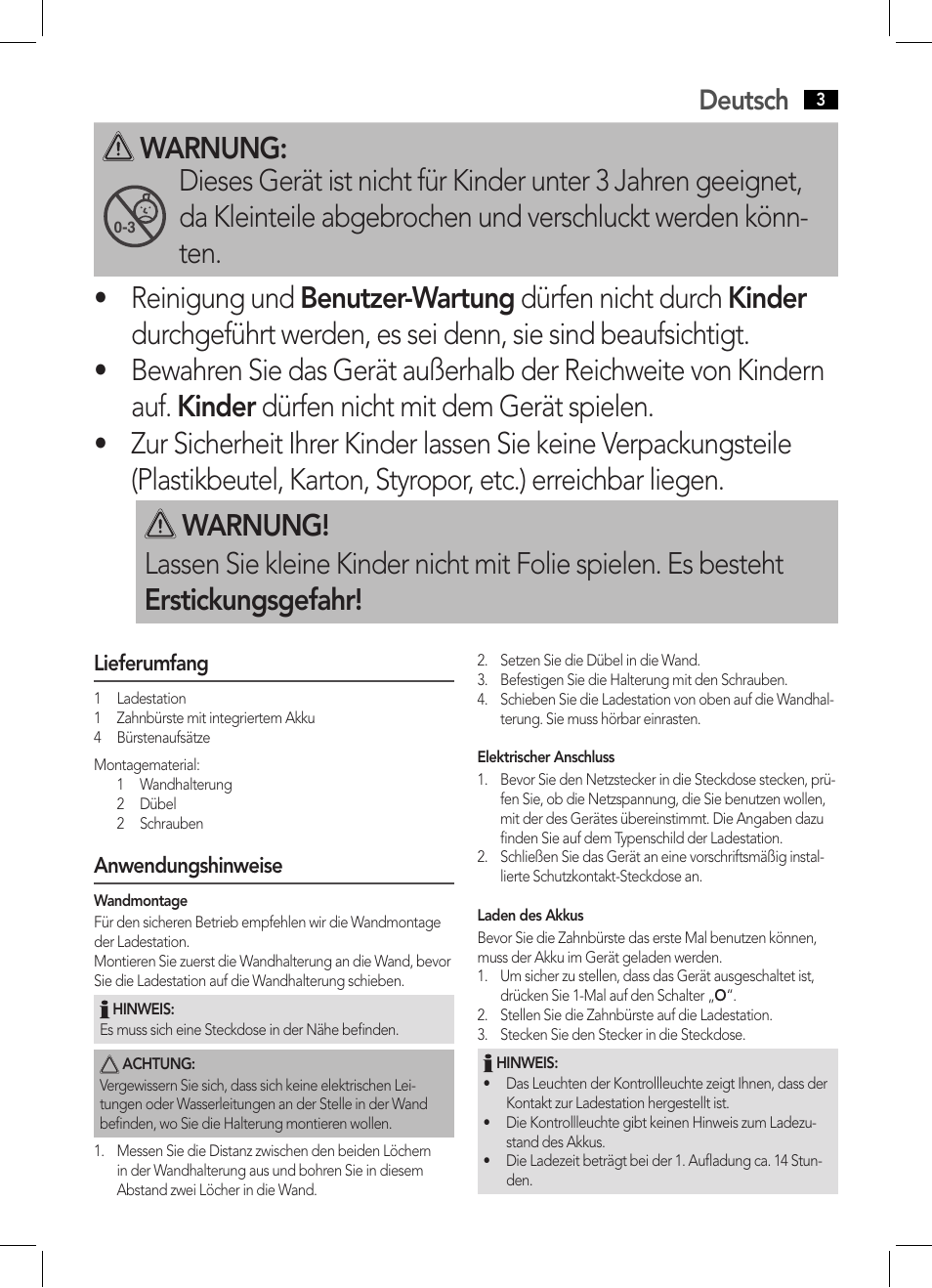 Warnung, Deutsch | AEG EZ 5623 User Manual | Page 3 / 44