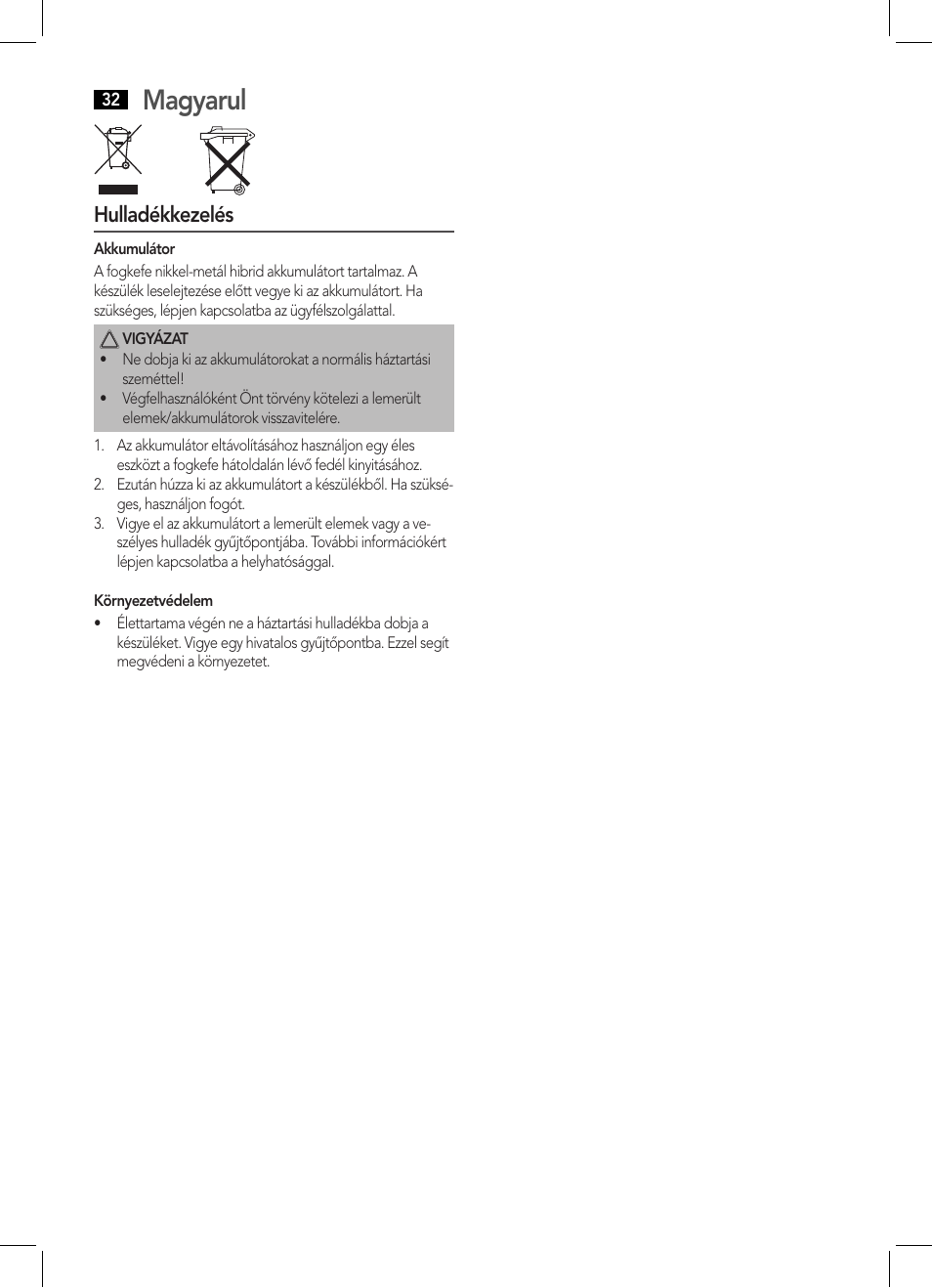 Magyarul, Hulladékkezelés | AEG EZ 5623 User Manual | Page 32 / 44