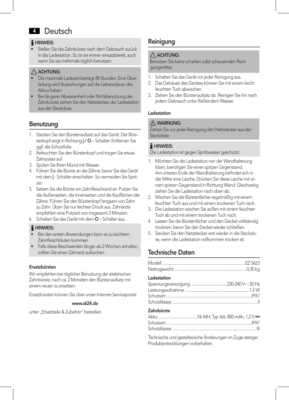 Deutsch, Benutzung, Reinigung | Technische daten | AEG EZ 5623 User Manual | Page 4 / 44