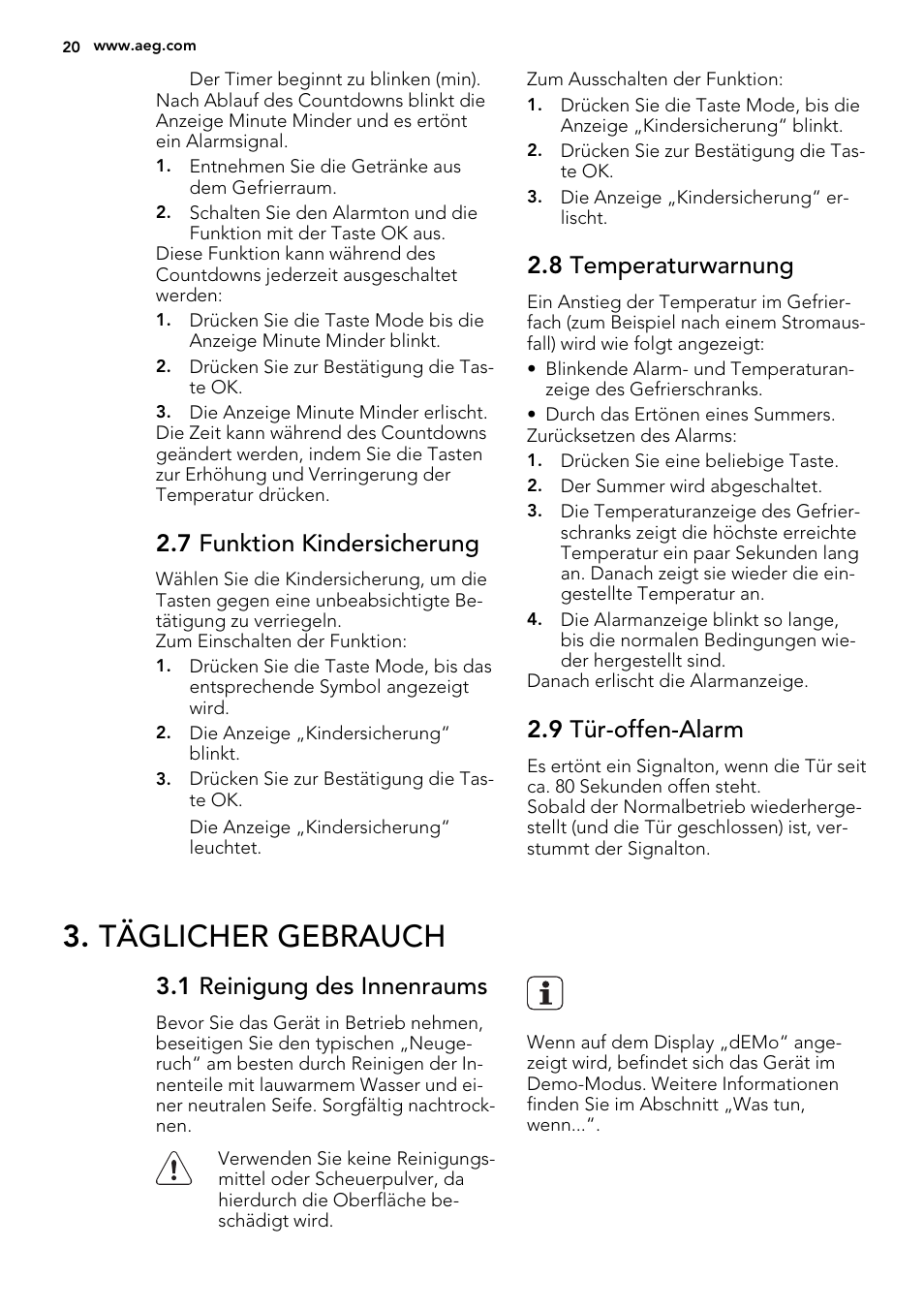Täglicher gebrauch, 7 funktion kindersicherung, 8 temperaturwarnung | 9 tür-offen-alarm, 1 reinigung des innenraums | AEG AGN71200F0 User Manual | Page 20 / 44