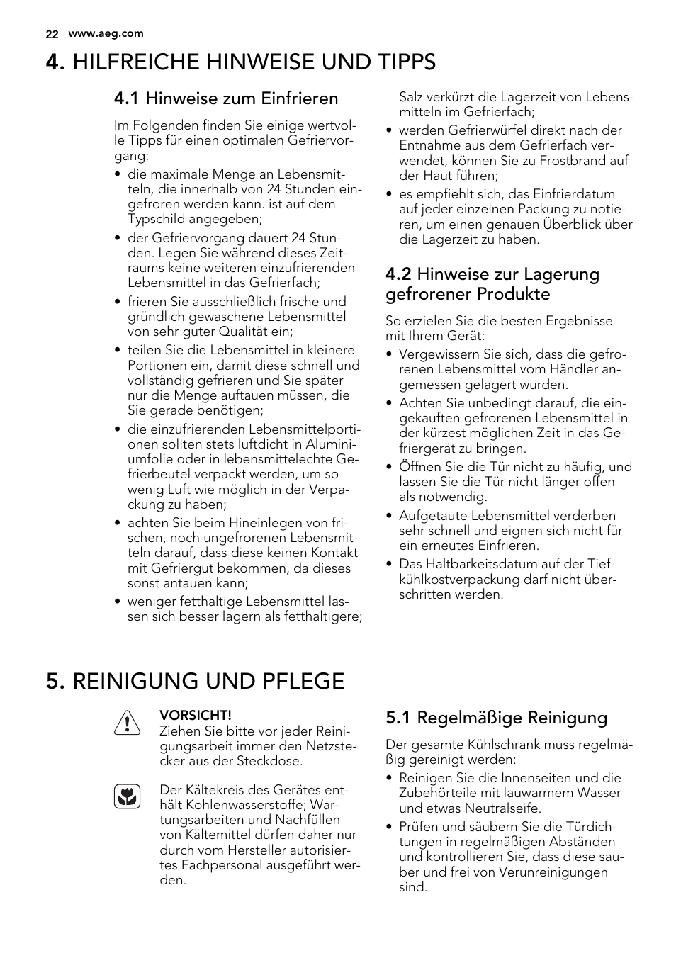 Hilfreiche hinweise und tipps, Reinigung und pflege, 1 hinweise zum einfrieren | 2 hinweise zur lagerung gefrorener produkte, 1 regelmäßige reinigung | AEG AGN71200F0 User Manual | Page 22 / 44