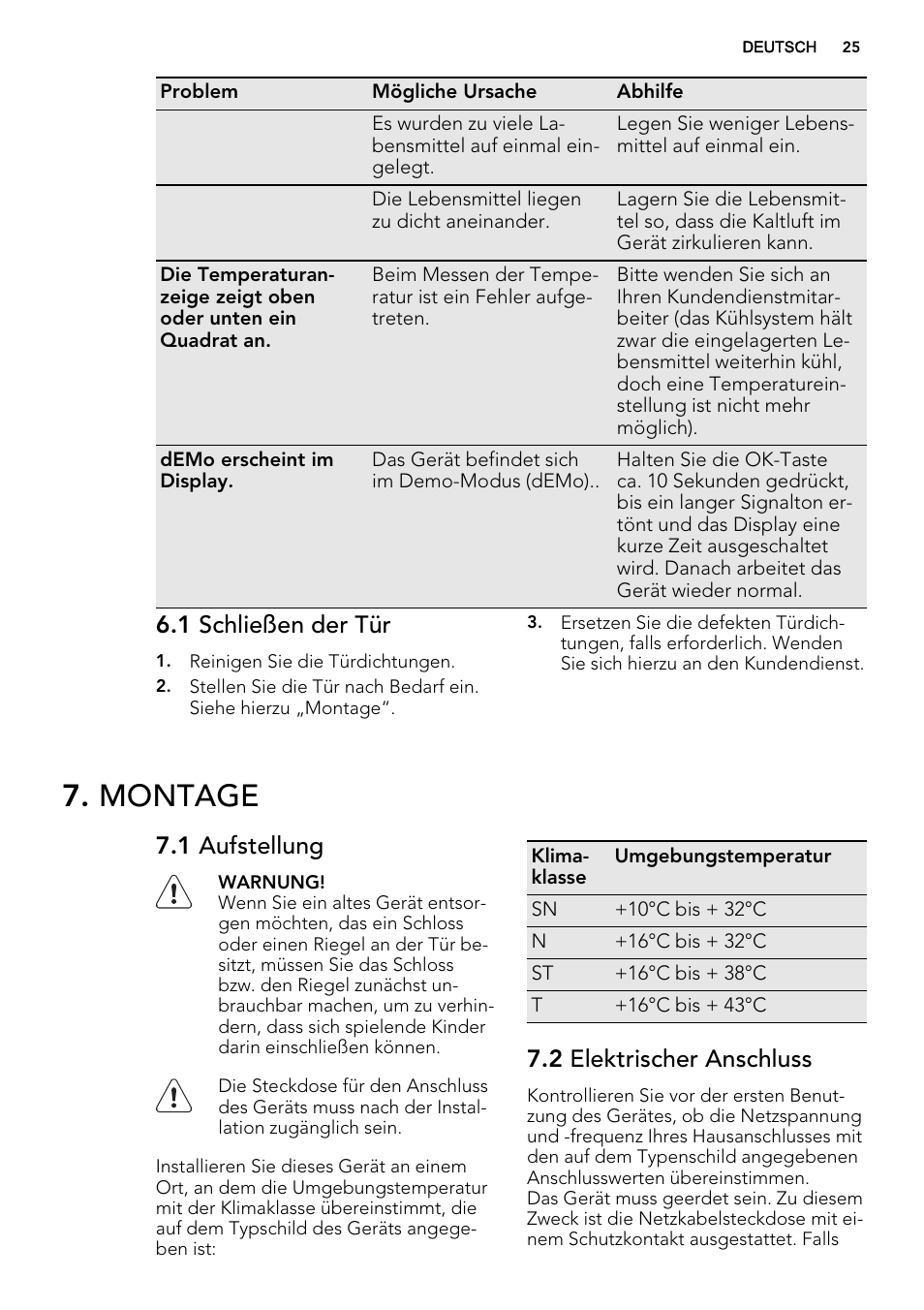 Montage, 1 schließen der tür, 1 aufstellung | 2 elektrischer anschluss | AEG AGN71200F0 User Manual | Page 25 / 44