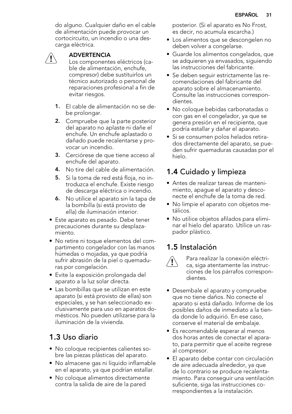 3 uso diario, 4 cuidado y limpieza, 5 instalación | AEG AGN71200F0 User Manual | Page 31 / 44
