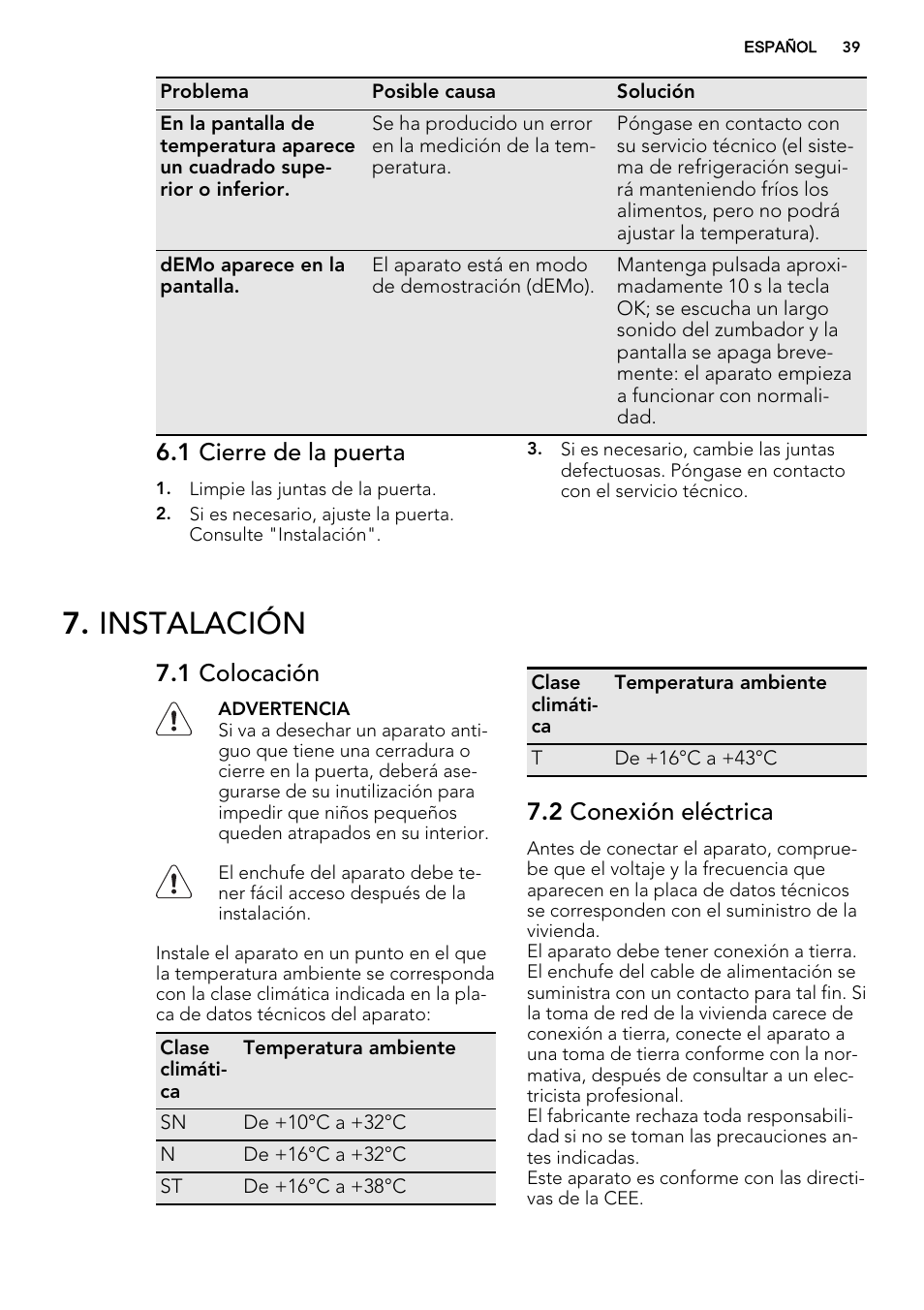 Instalación, 1 cierre de la puerta, 1 colocación | 2 conexión eléctrica | AEG AGN71200F0 User Manual | Page 39 / 44
