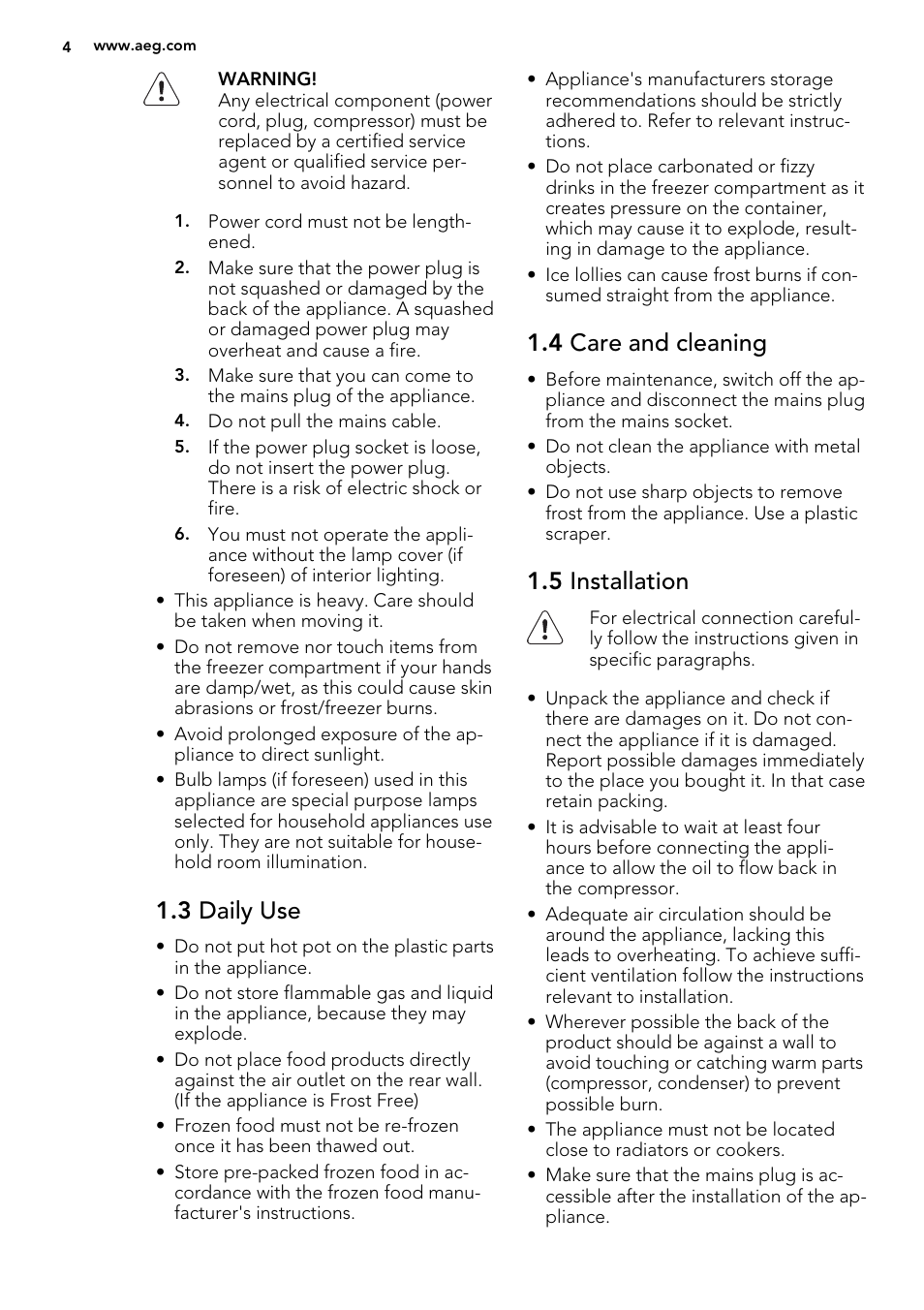 3 daily use, 4 care and cleaning, 5 installation | AEG AGN71200F0 User Manual | Page 4 / 44