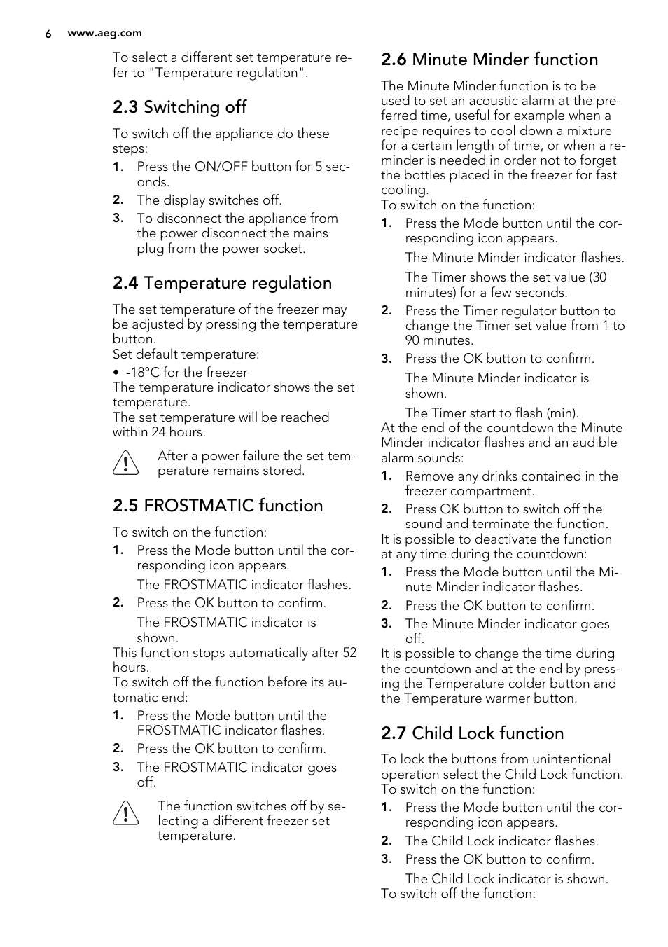 3 switching off, 4 temperature regulation, 5 frostmatic function | 6 minute minder function, 7 child lock function | AEG AGN71200F0 User Manual | Page 6 / 44