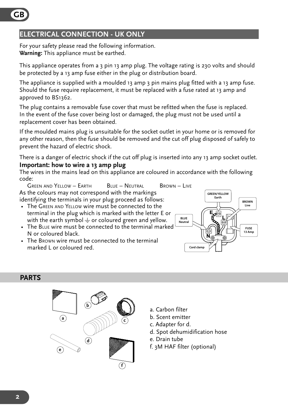 Parts electrical connection - uk only, Important: how to wire a 13 amp plug | Amcor 25EH User Manual | Page 2 / 15