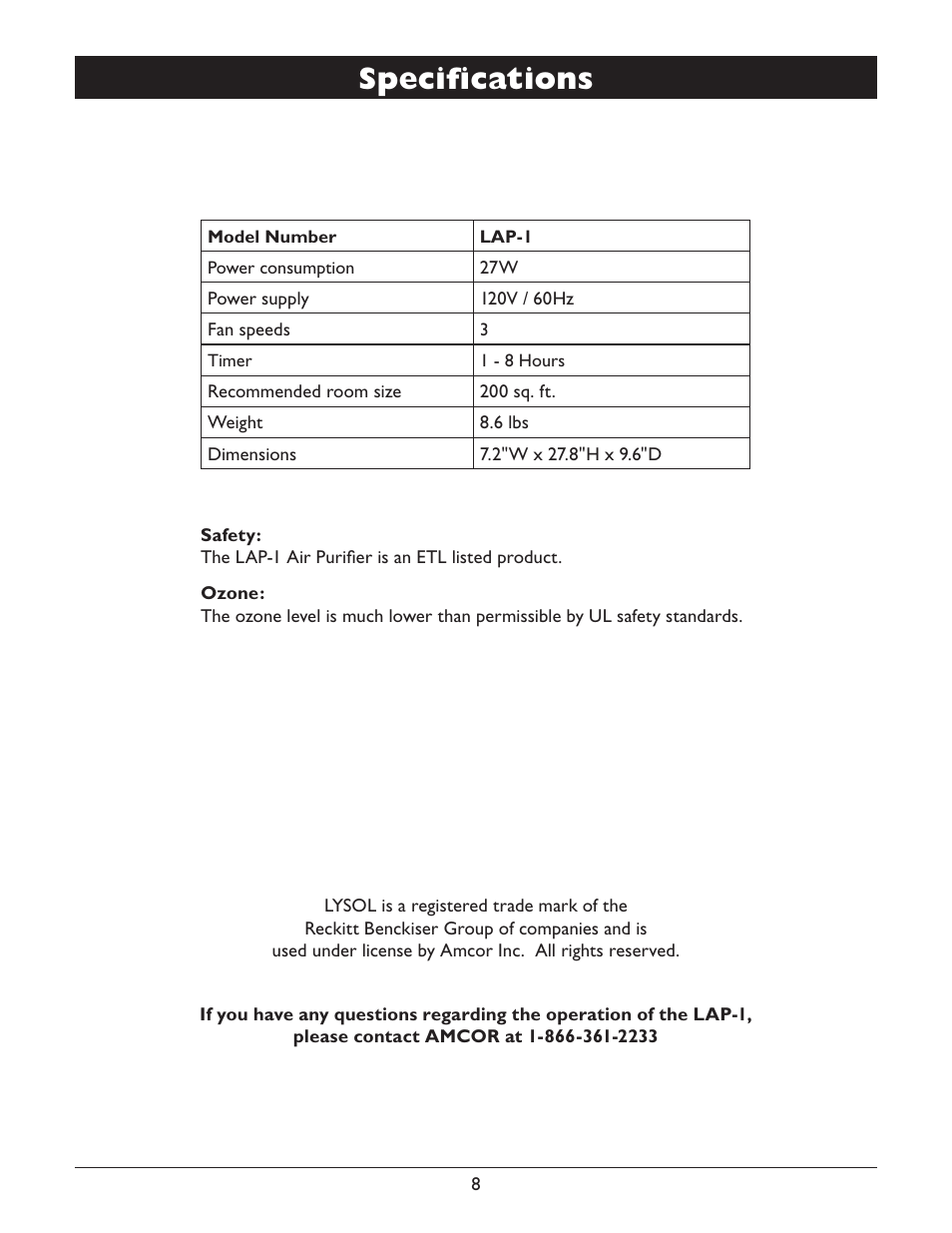 Specifications | Amcor LYSOL Air Purifier LAP-1 User Manual | Page 10 / 12