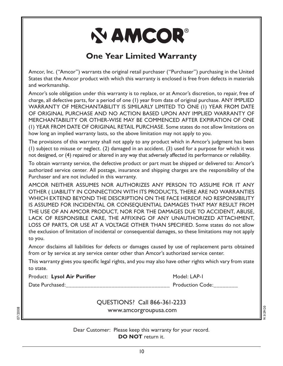 One year limited warranty | Amcor LYSOL Air Purifier LAP-1 User Manual | Page 12 / 12
