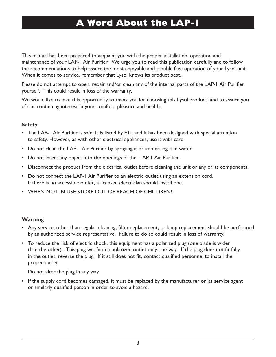 A word about the lap-1 | Amcor LYSOL Air Purifier LAP-1 User Manual | Page 5 / 12