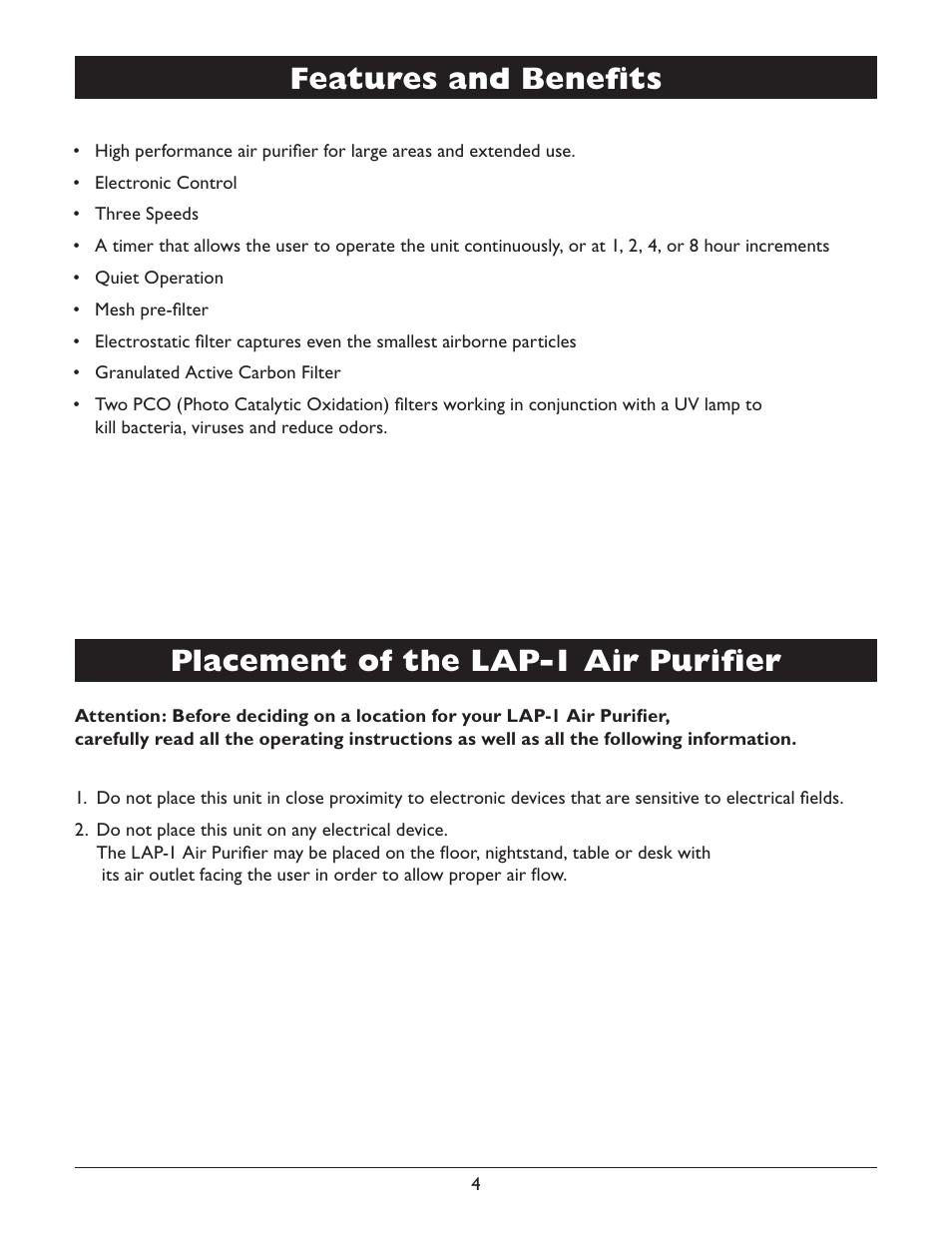 Features and benefits, Placement of the lap-1 air purifier | Amcor LYSOL Air Purifier LAP-1 User Manual | Page 6 / 12