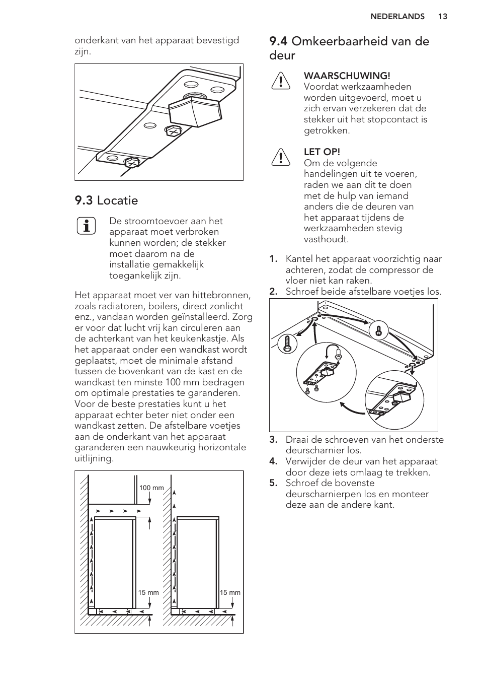 3 locatie, 4 omkeerbaarheid van de deur | AEG A42200GSW0 User Manual | Page 13 / 64