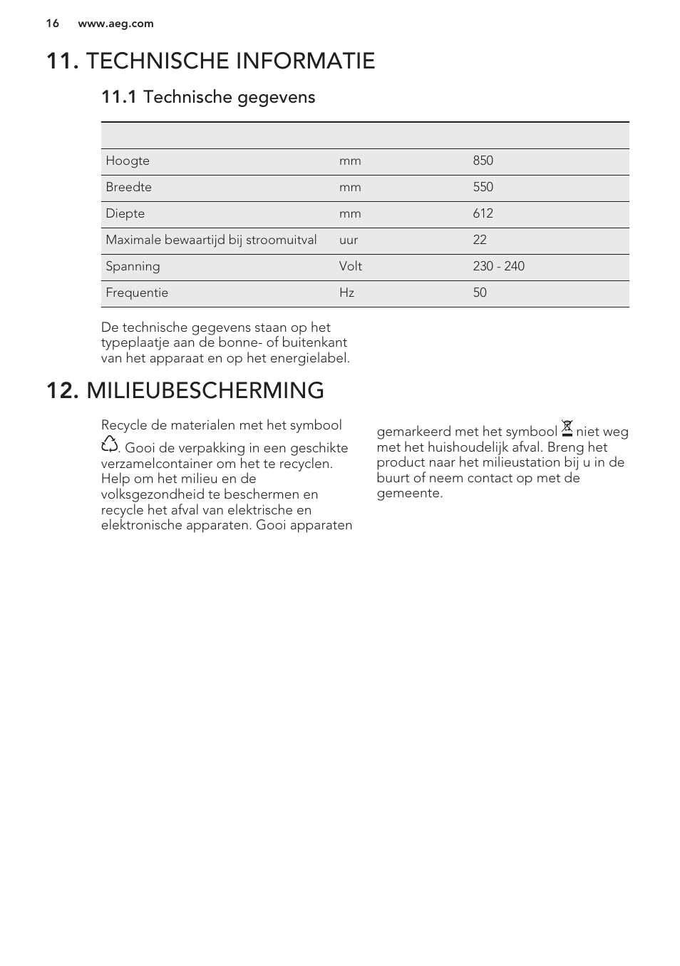 Technische informatie, 1 technische gegevens, Milieubescherming | AEG A42200GSW0 User Manual | Page 16 / 64