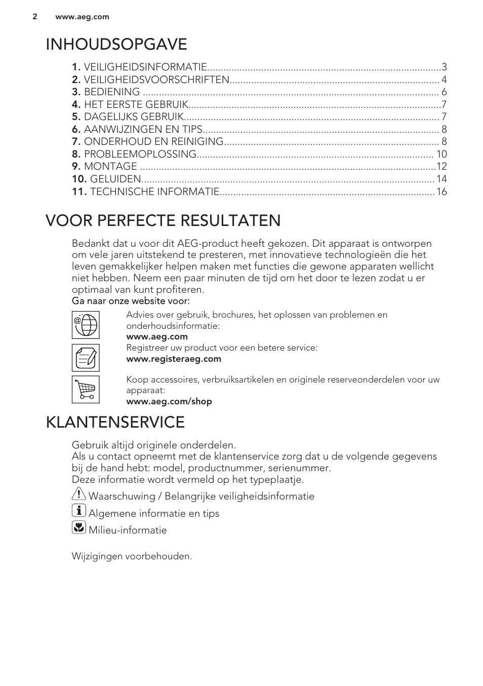 Inhoudsopgave, Gebruiksaanwijzing, Voor perfecte resultaten | Klantenservice | AEG A42200GSW0 User Manual | Page 2 / 64