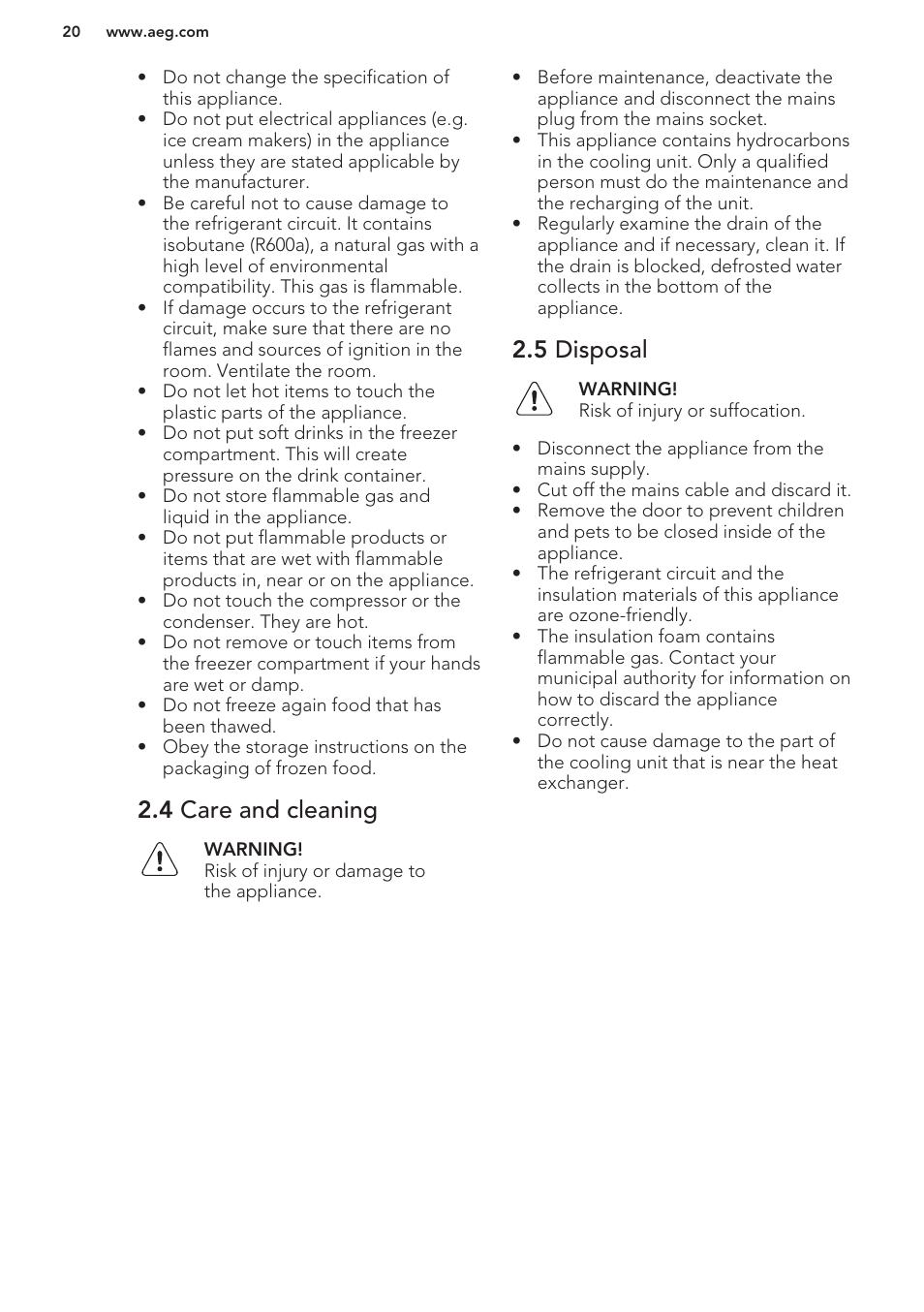 4 care and cleaning, 5 disposal | AEG A42200GSW0 User Manual | Page 20 / 64