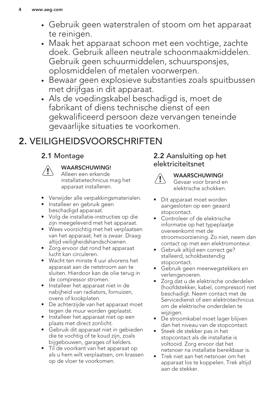 Veiligheidsvoorschriften, 1 montage, 2 aansluiting op het elektriciteitsnet | AEG A42200GSW0 User Manual | Page 4 / 64