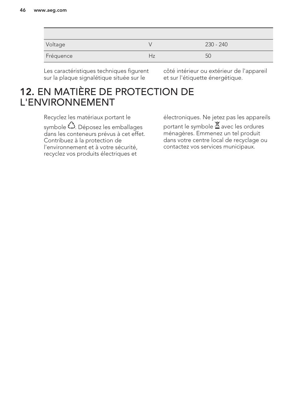 En matière de protection de l'environnement | AEG A42200GSW0 User Manual | Page 46 / 64