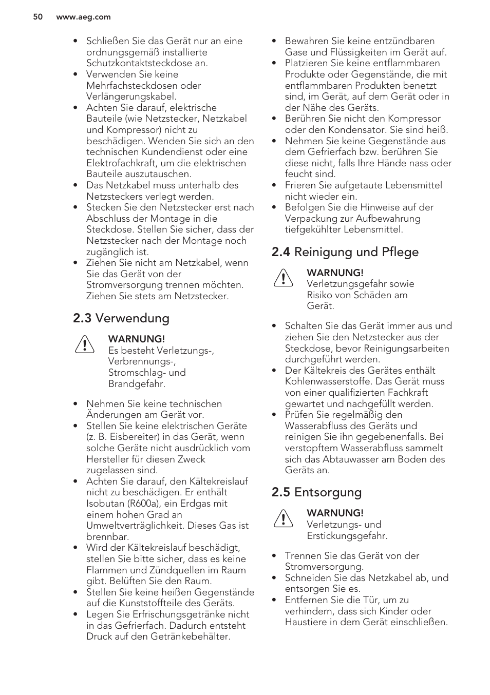 3 verwendung, 4 reinigung und pflege, 5 entsorgung | AEG A42200GSW0 User Manual | Page 50 / 64