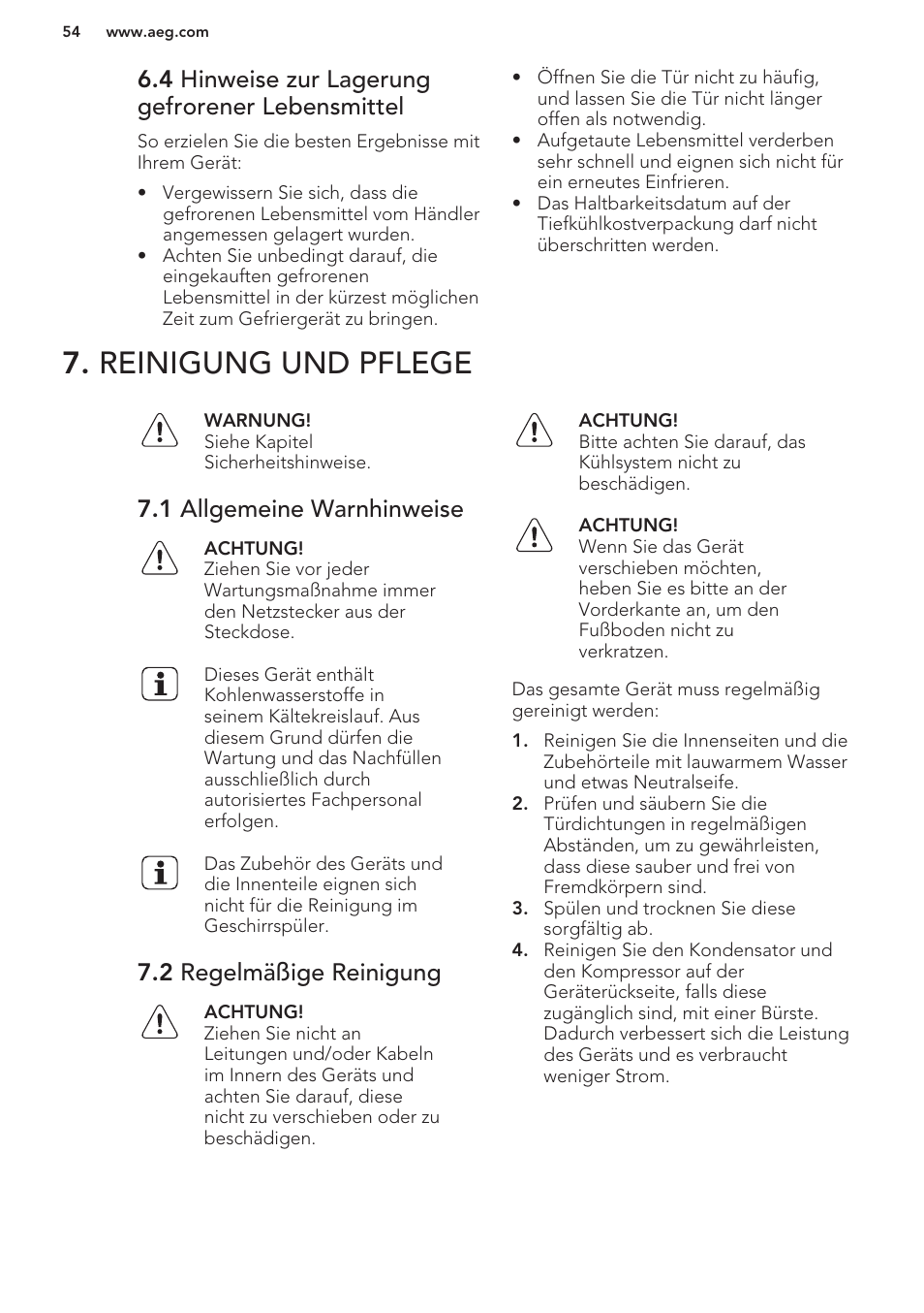 4 hinweise zur lagerung gefrorener lebensmittel, Reinigung und pflege, 1 allgemeine warnhinweise | 2 regelmäßige reinigung | AEG A42200GSW0 User Manual | Page 54 / 64