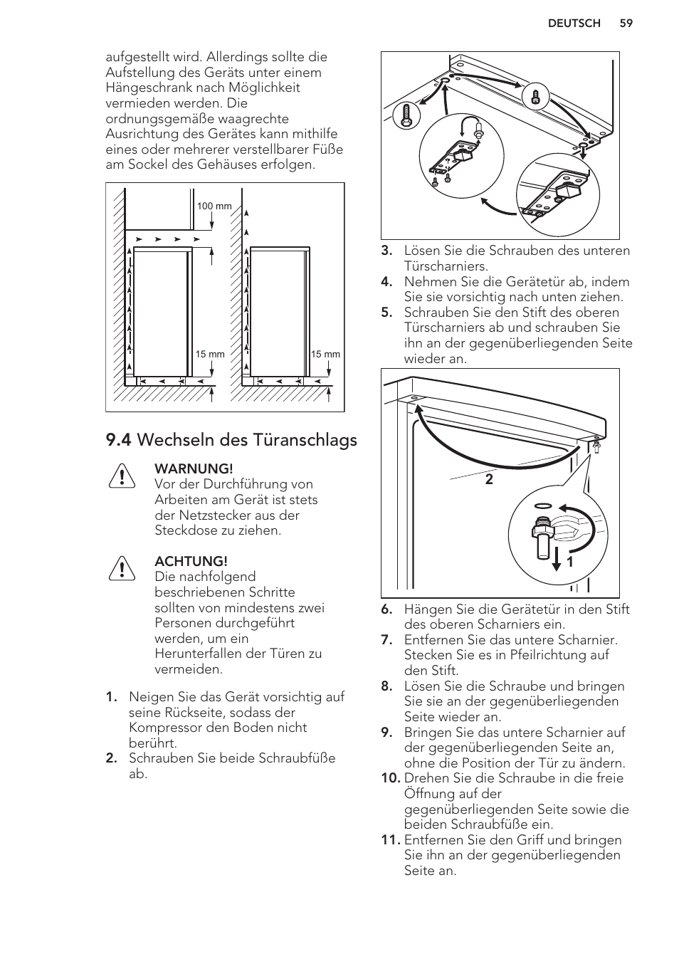 4 wechseln des türanschlags | AEG A42200GSW0 User Manual | Page 59 / 64