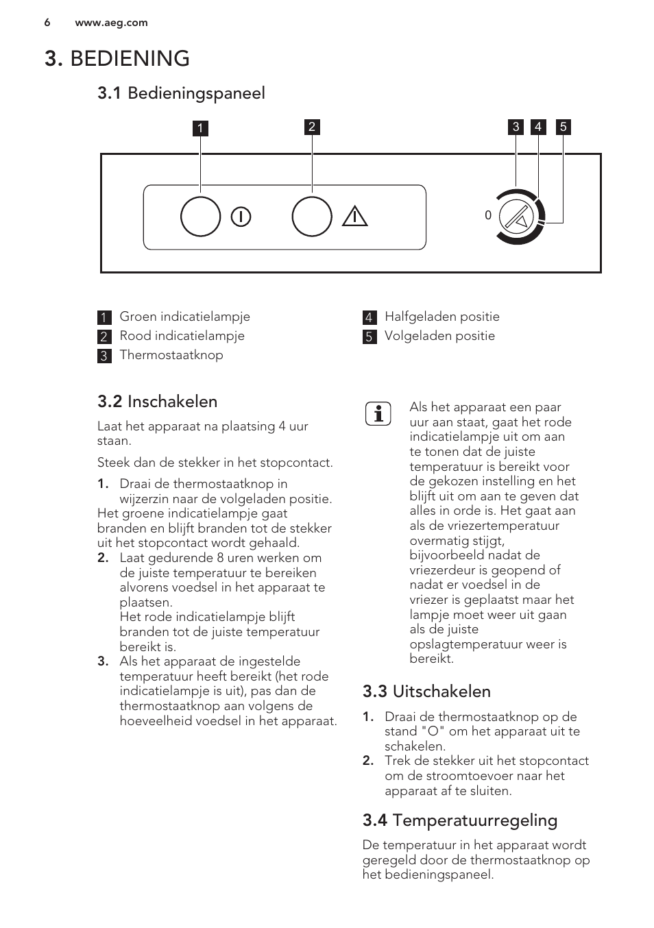 Bediening, 1 bedieningspaneel, 2 inschakelen | 3 uitschakelen, 4 temperatuurregeling | AEG A42200GSW0 User Manual | Page 6 / 64