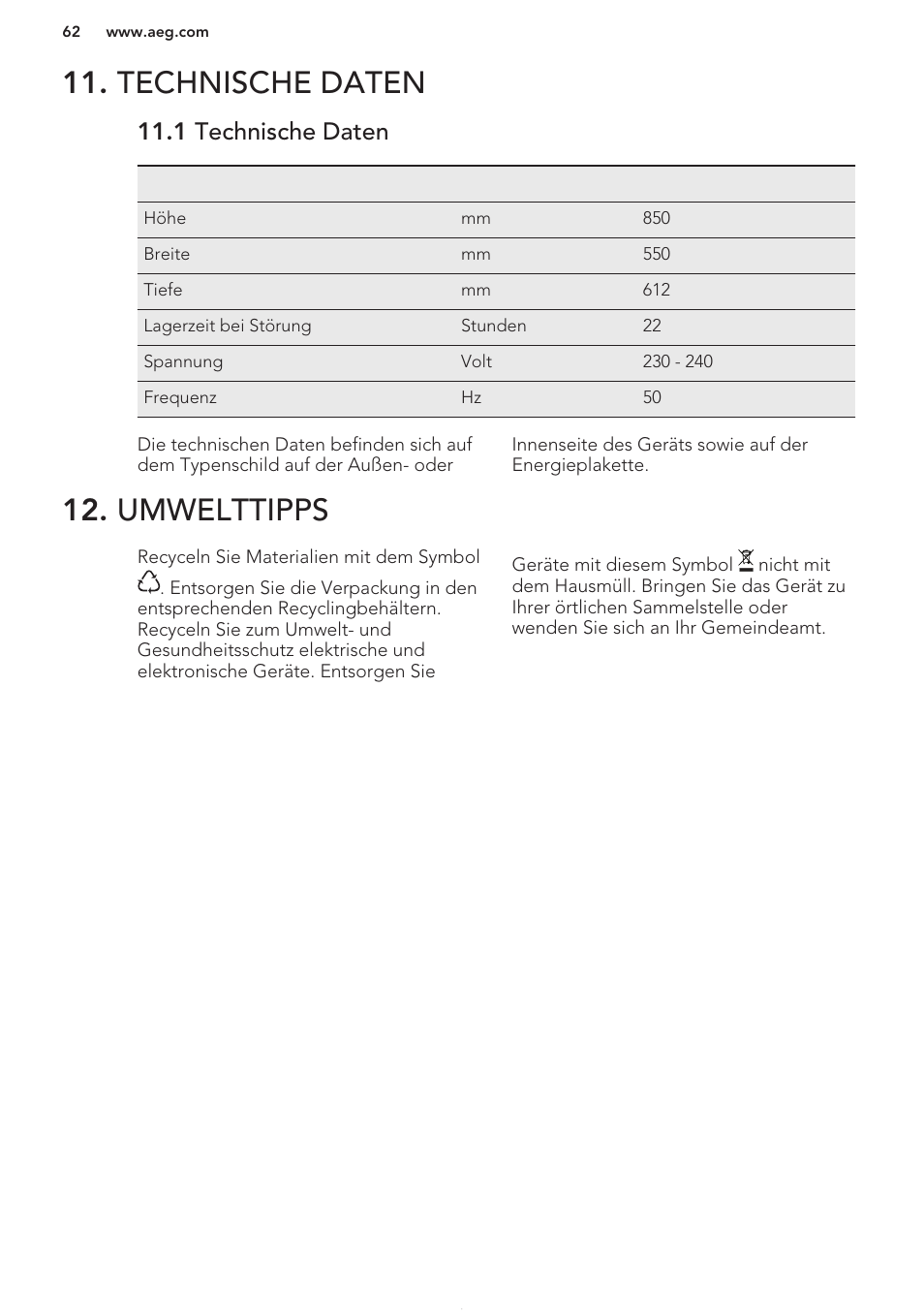 Technische daten, 1 technische daten, Umwelttipps | AEG A42200GSW0 User Manual | Page 62 / 64