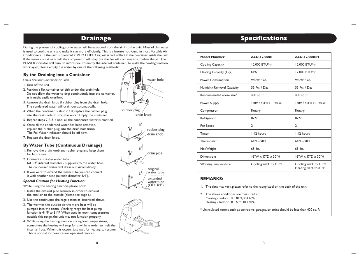 Specifications, Drainage | Amcor ALD-1 2 User Manual | Page 3 / 8