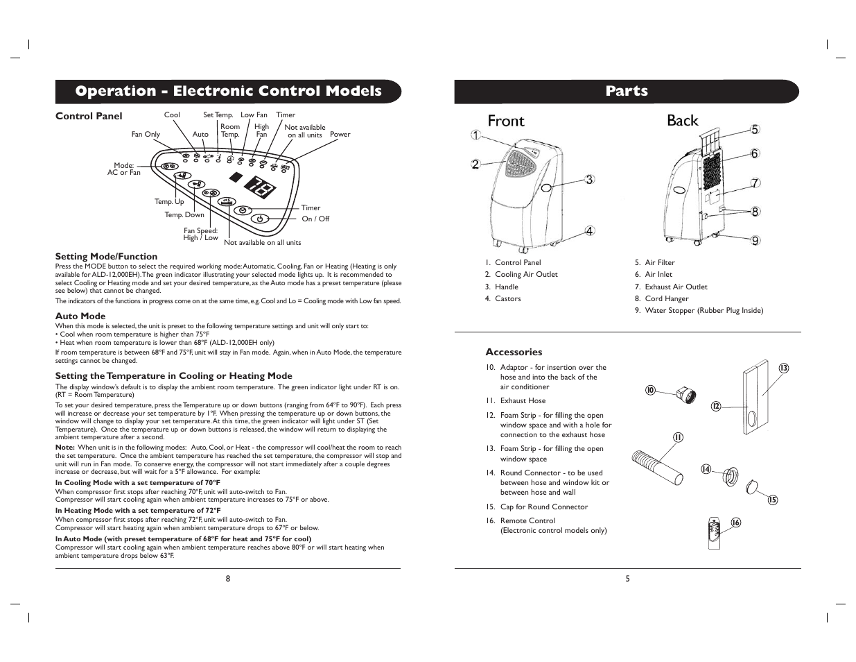 Parts, Operation - electronic control models | Amcor ALD-1 2 User Manual | Page 4 / 8
