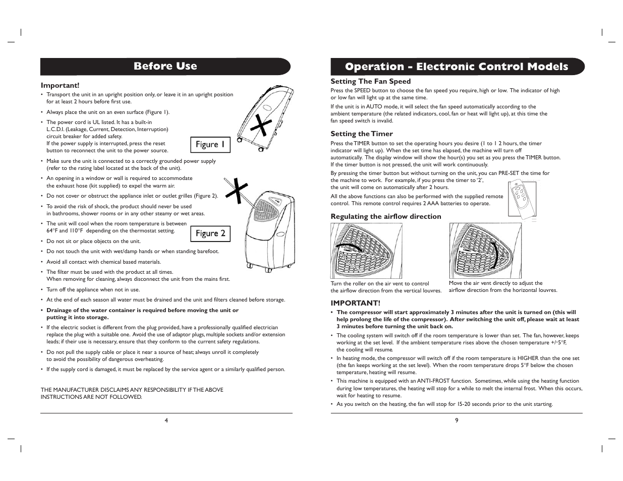 Before use, Operation - electronic control models | Amcor ALD-1 2 User Manual | Page 6 / 8
