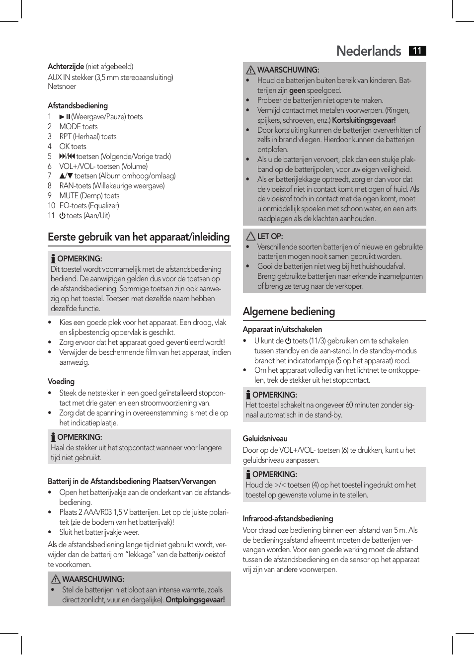 Nederlands, Eerste gebruik van het apparaat/inleiding, Algemene bediening | AEG BSS 4804 User Manual | Page 11 / 58