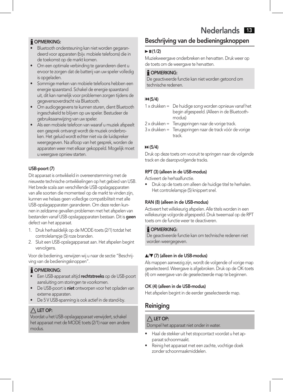 Nederlands, Beschrijving van de bedieningsknoppen, Reiniging | AEG BSS 4804 User Manual | Page 13 / 58