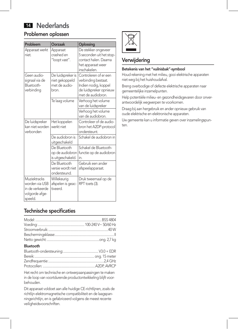 Nederlands, Problemen oplossen, Technische specificaties | Verwijdering | AEG BSS 4804 User Manual | Page 14 / 58