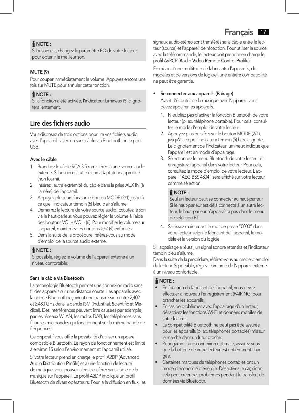 Français, Lire des fichiers audio | AEG BSS 4804 User Manual | Page 17 / 58