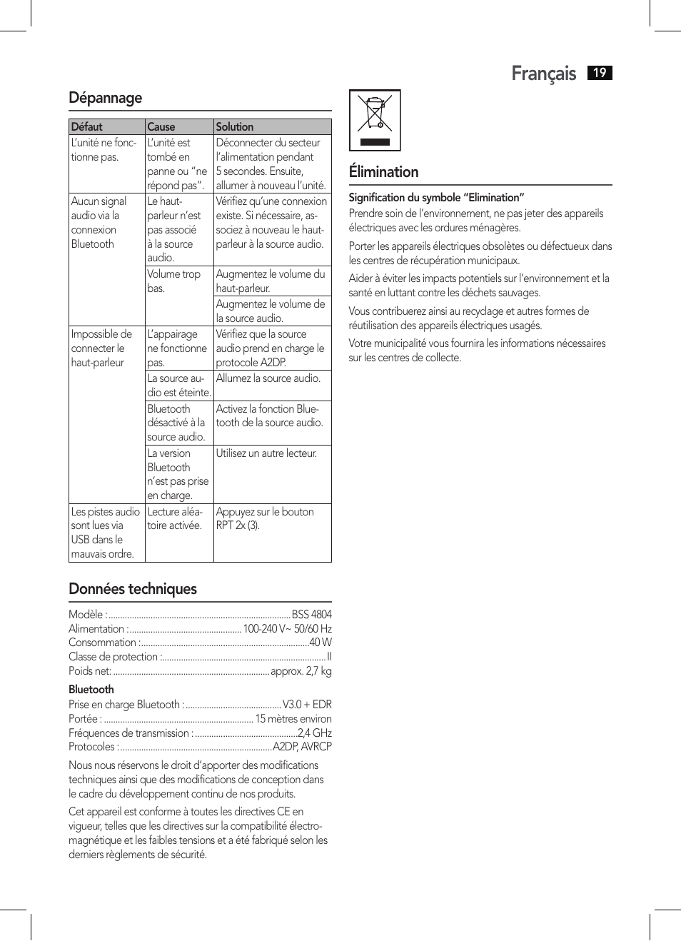 Français, Dépannage, Données techniques | Élimination | AEG BSS 4804 User Manual | Page 19 / 58