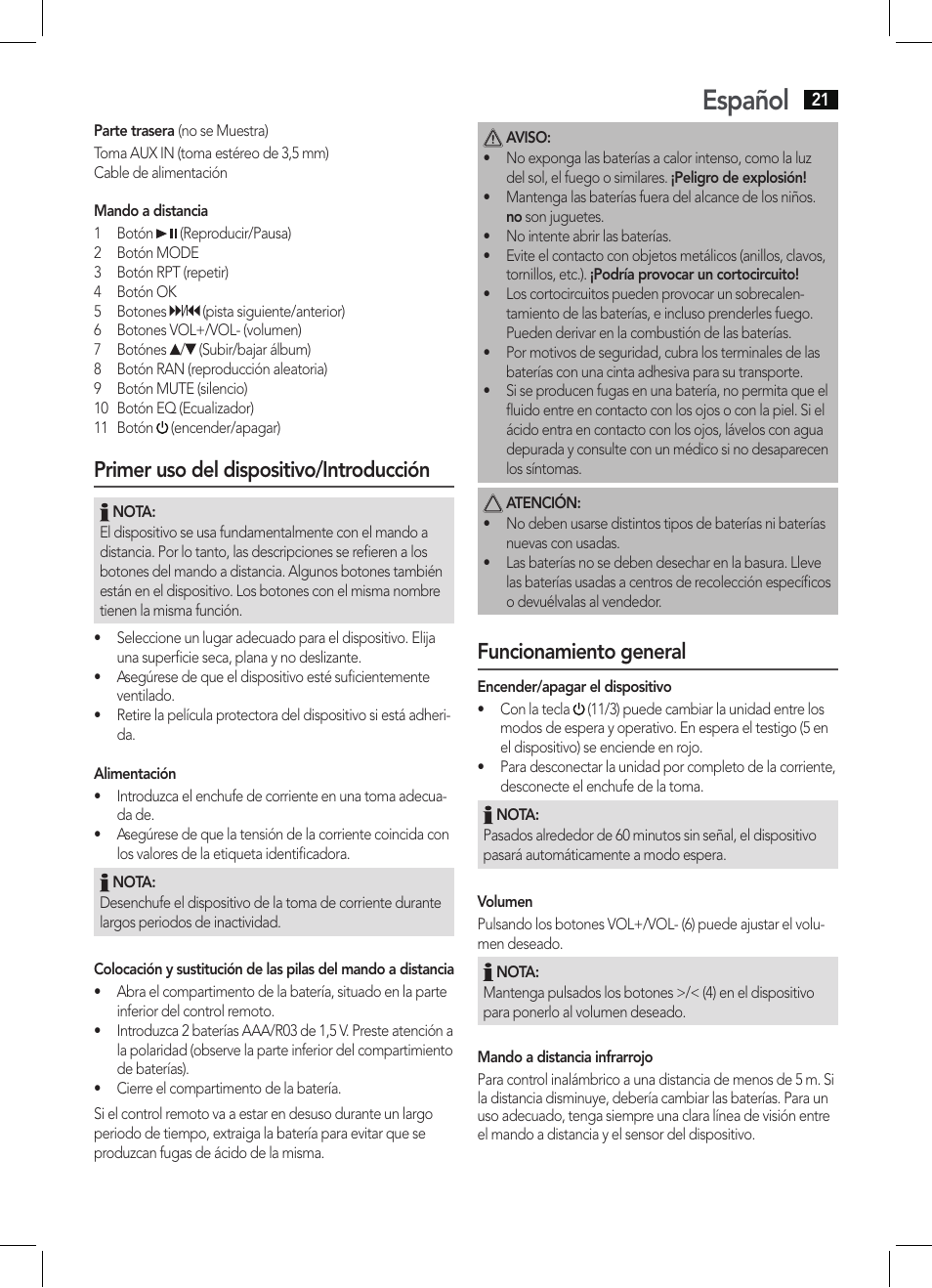 Español, Primer uso del dispositivo/introducción, Funcionamiento general | AEG BSS 4804 User Manual | Page 21 / 58