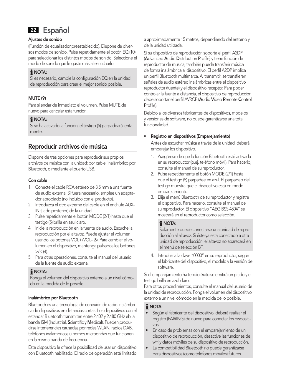 Español, Reproducir archivos de música | AEG BSS 4804 User Manual | Page 22 / 58