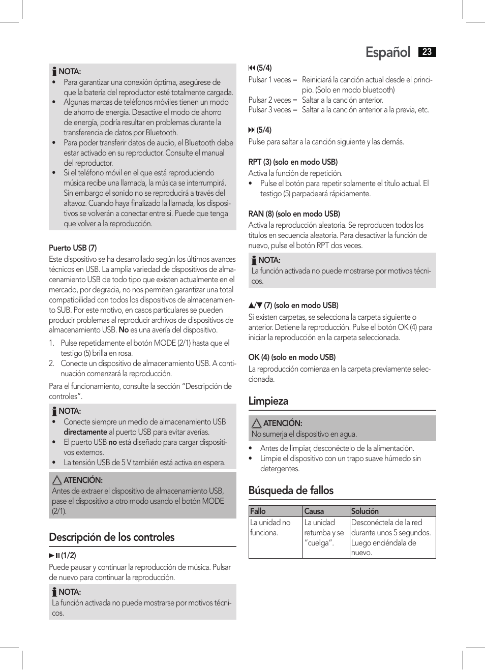 Español, Descripción de los controles, Limpieza | Búsqueda de fallos | AEG BSS 4804 User Manual | Page 23 / 58