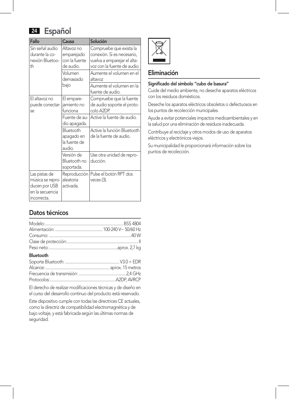 Español, Datos técnicos, Eliminación | AEG BSS 4804 User Manual | Page 24 / 58