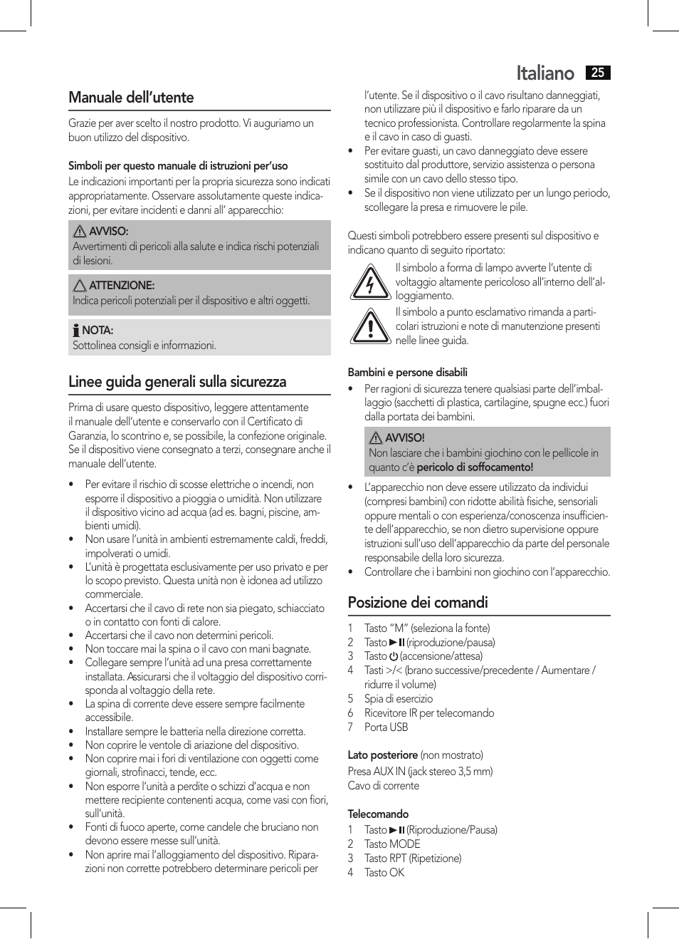 Italiano, Manuale dell’utente, Linee guida generali sulla sicurezza | Posizione dei comandi | AEG BSS 4804 User Manual | Page 25 / 58