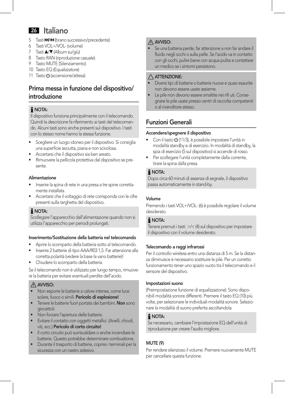 Italiano, Funzioni generali | AEG BSS 4804 User Manual | Page 26 / 58