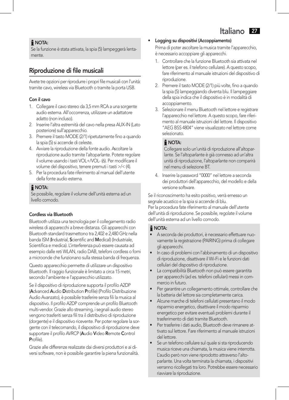 Italiano, Riproduzione di file musicali | AEG BSS 4804 User Manual | Page 27 / 58