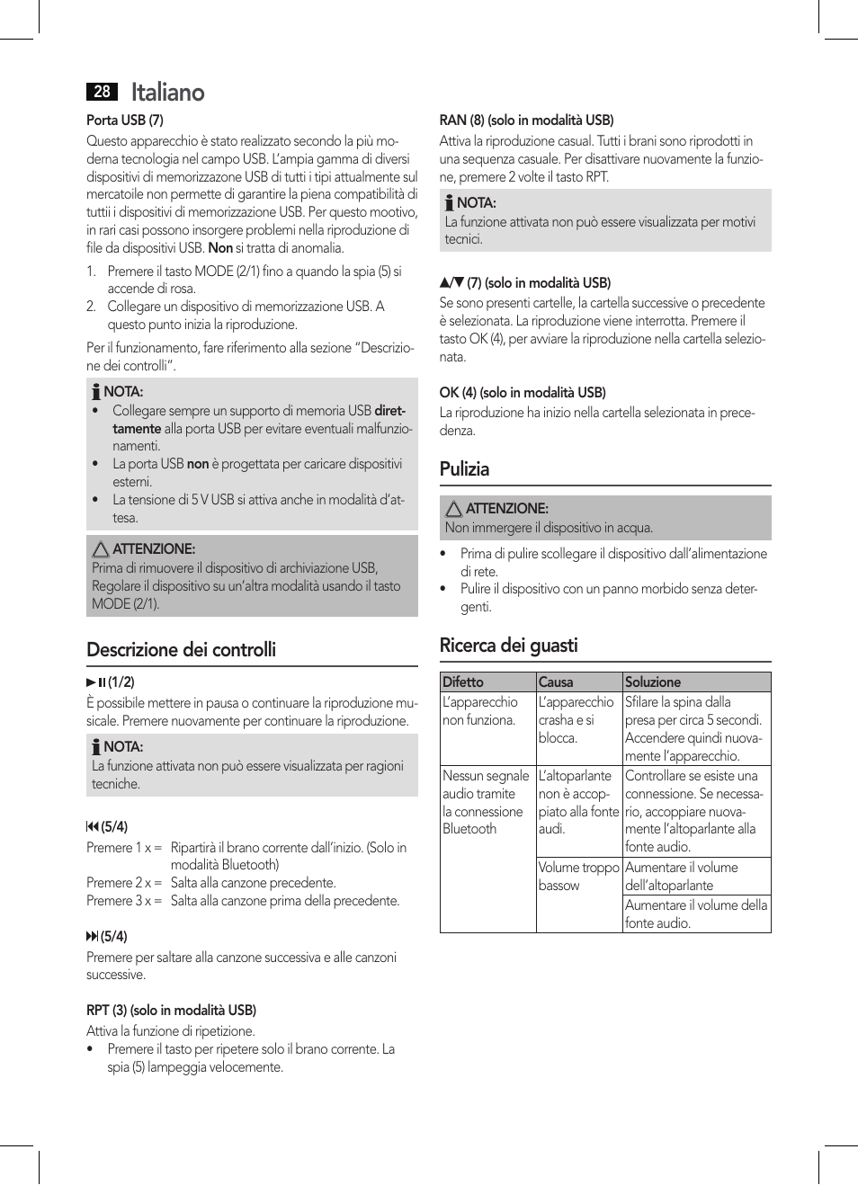 Italiano, Descrizione dei controlli, Pulizia | Ricerca dei guasti | AEG BSS 4804 User Manual | Page 28 / 58
