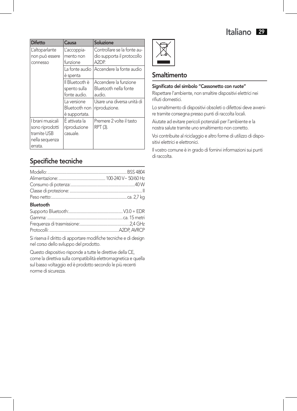 Italiano, Specifiche tecniche, Smaltimento | AEG BSS 4804 User Manual | Page 29 / 58