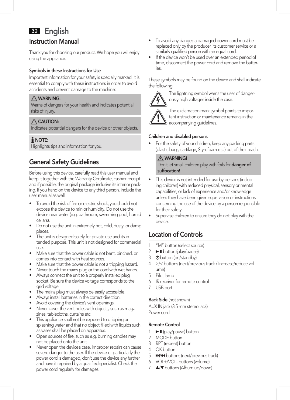 English, Instruction manual, General safety guidelines | Location of controls | AEG BSS 4804 User Manual | Page 30 / 58